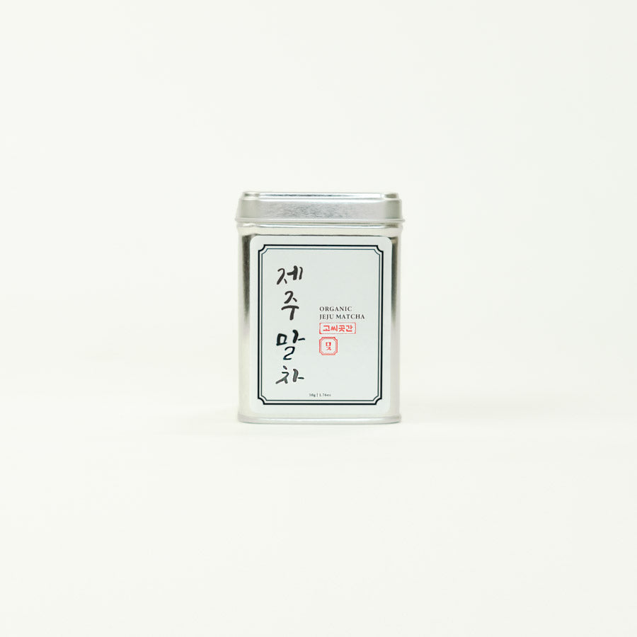 Close-up of the Jeju Matcha 50g packaging, highlighting the premium design.