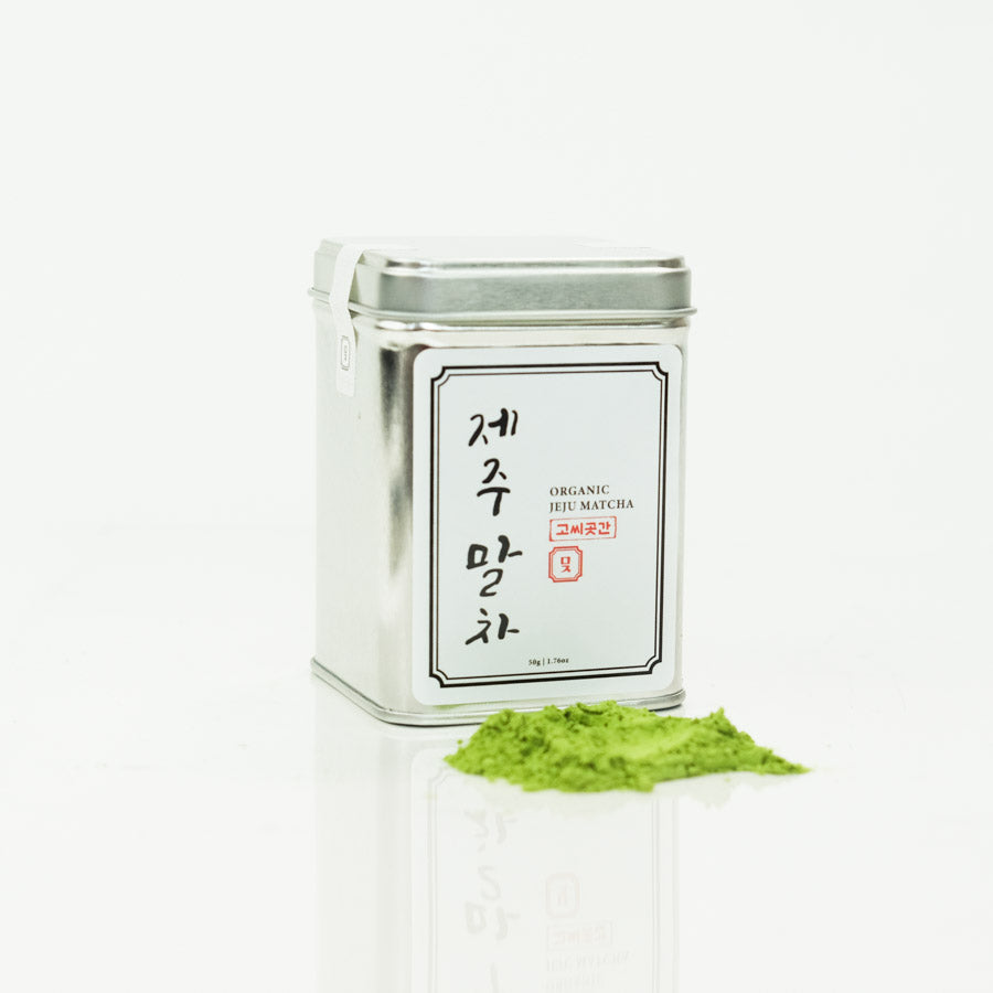 Close-up of the Jeju Matcha 50g packaging, highlighting the premium design.