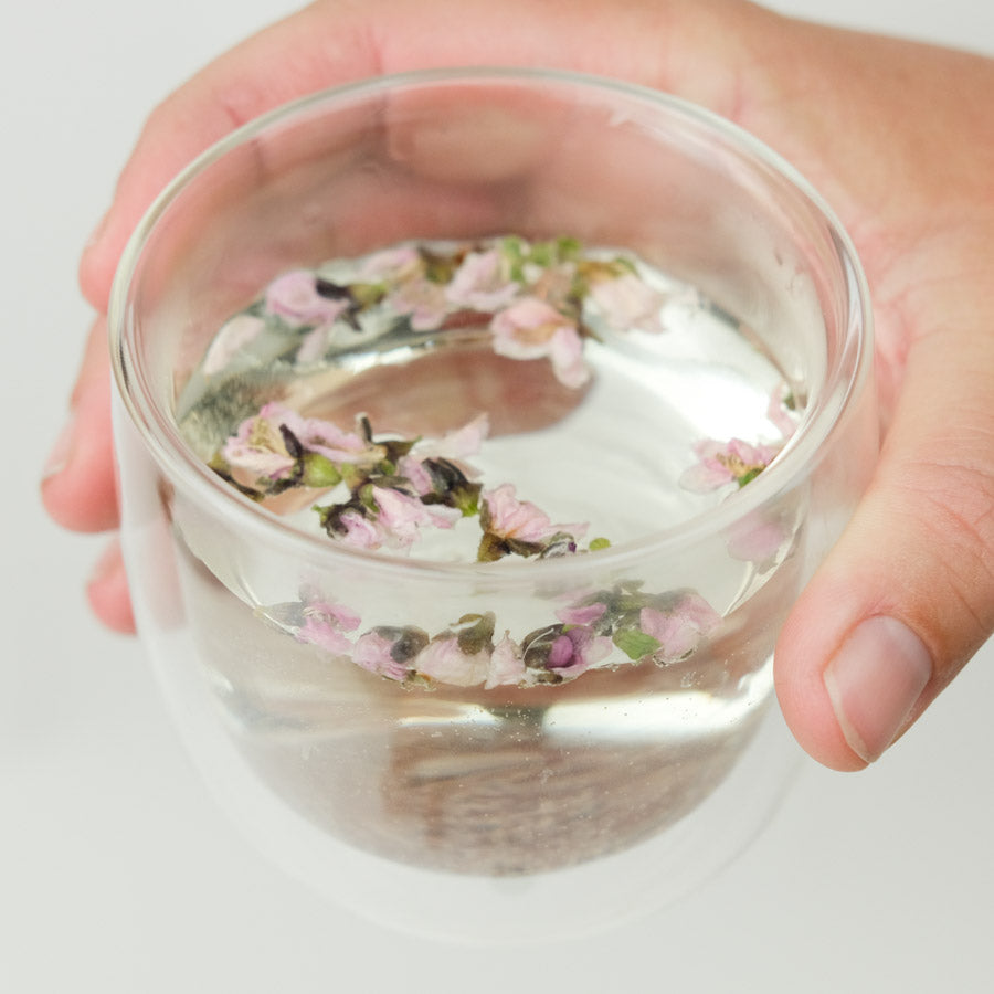 Brewing Camellia flower tea with hot water in a clear teapot, showcasing the petals unfolding.